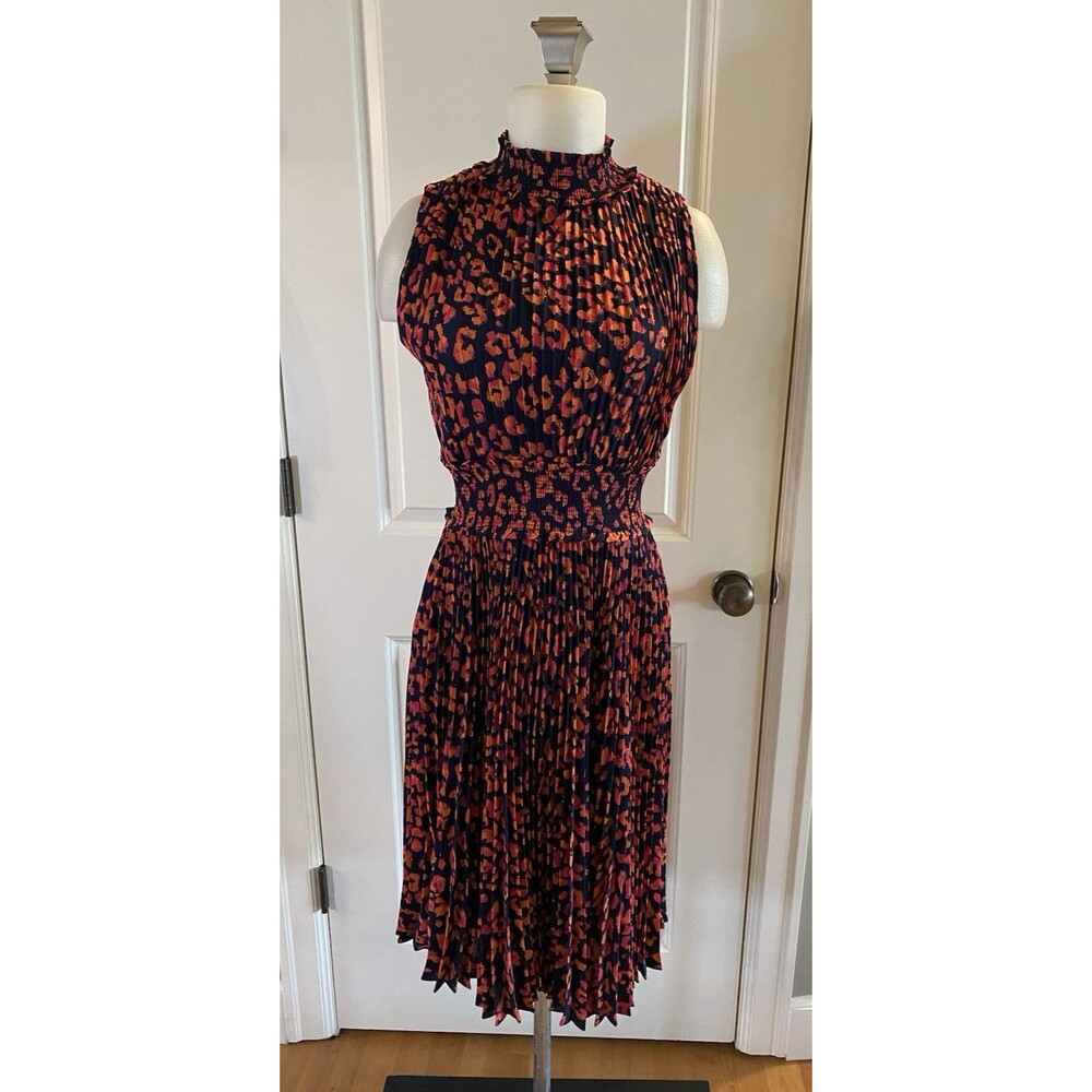 Nanette Lepore Size 2 High Neck Sleeveless Navy Pink Floral Pleated Dress Garden